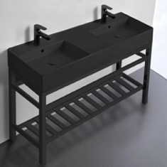 48 inch Double Console Sink Bathroom Vanity With Metal Black Stand - Modern, Matte Black Sink