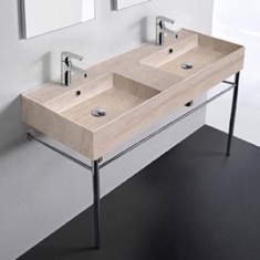 Modern Double Console Sink, Travertine Style Sink, 48 inch