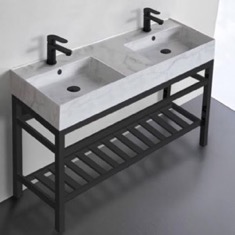 48 inch Double Console Sink Bathroom Vanity With Metal Black Stand - Modern, Marble Ceramic Sink