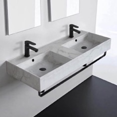 Marble Design Ceramic Wall Mounted Double Sink With Black Towel Holder