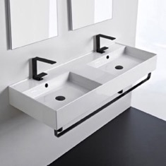 Double Ceramic Wall Mounted Sink With Black Towel Holder