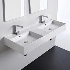 Double Rectangular Ceramic Wall Mounted or Vessel Sink With Counter Space