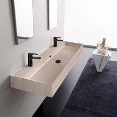 Wall Mount Sink - Trough, Double, 56 inch, Rectangular, Modern, Ceramic, Travertine