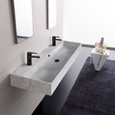Marble Trough Wall Mount Sink - 56 inch, Double, Rectangular, Modern, Ceramic, White Marble