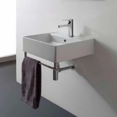 Square Wall Mounted Ceramic Sink With Polished Chrome Towel Bar