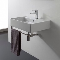Rectangular Wall Mounted Ceramic Sink With Polished Chrome Towel Bar