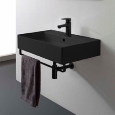 Black Ceramic Wall Mounted Sink With Black Towel Bar