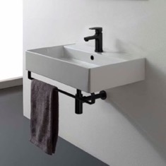 Rectangular Wall Mounted Ceramic Sink With Black Towel Bar