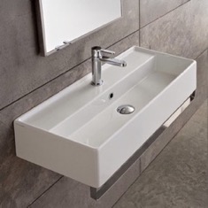 Rectangular Wall Mounted Ceramic Sink With Polished Chrome Towel Bar