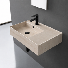 Beige Travertine Design Ceramic Wall Mounted or Vessel Sink With Counter Space