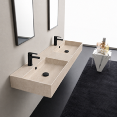 Wall Mount Sink - Double, 56 inch, Rectangular, Modern, With Counter Space, Ceramic, Travertine