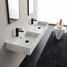 Wall Mount Sink - Double, 56 inch, Rectangular, Modern, With Counter Space, Ceramic, Marble