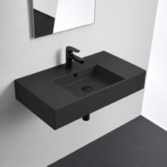 Black Ceramic Wall Mounted or Vessel Sink With Counter Space