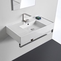 Rectangular Ceramic Wall Mounted Sink With Counter Space, Includes Towel Bar