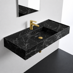Black Marble Design Ceramic Wall Mounted or Vessel Sink With Counter Space