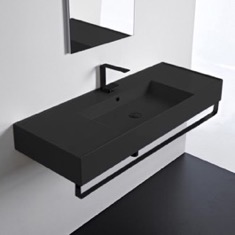 Wall Mounted Black Ceramic Sink With Black Towel Bar
