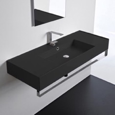 Wall Mounted Black Ceramic Sink With Polished Chrome Towel Bar