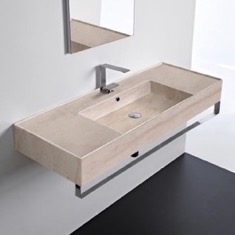 Wall Mounted Beige Travertine Design Ceramic Sink With Polished Chrome Towel Bar