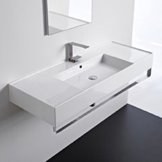 Rectangular Ceramic Wall Mounted Sink With Counter Space, Includes Towel Bar