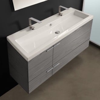 Trough Modern Wall Mounted Bathroom Vanity, Double Sink, 47 Inch, Grey Walnut ACF ANS39-Grey Walnut