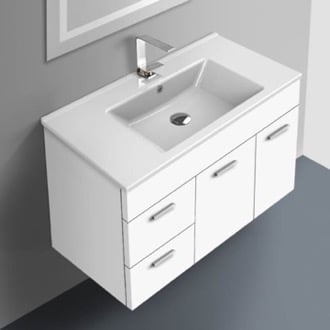 Wall Mount Bath Vanity, Modern, 33 Inch, Glossy White, With Counter Space ACF LOR57
