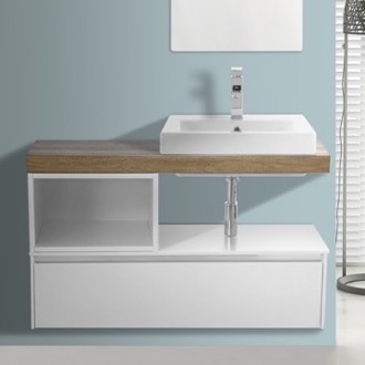 Modern Wall Mount Bath Vanity with Open Shelf, 41 Inch, White With Aged Brown Top ARCOM LAF001