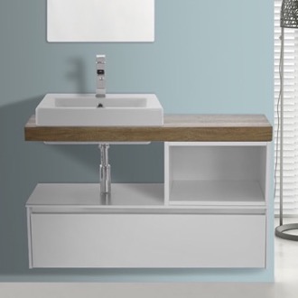 Wall Mount Bathroom Vanity with Open Shelf, Modern, 41 Inch, White With Aged Brown Top ARCOM LAF01