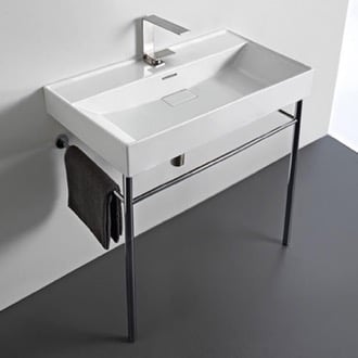 Rectangular White Ceramic Console Sink and Polished Chrome Stand CeraStyle 037300-U-CON