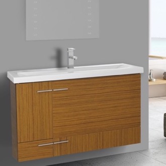 39 Inch Teak Wall Mounted Vanity with Ceramic Sink Iotti NS1C