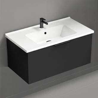 Black Bathroom Vanity, Modern, Wall Mounted, 34 Inch Nameeks BODRUM20