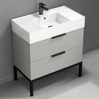 32 Inch Modern Floor Standing Single Bathroom Vanity With Ceramic Sink Top, Grey Mist Nameeks DERIN20