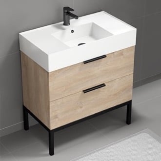 32 Inch Modern Free Standing Single Bathroom Vanity With Ceramic Sink Top, Brown Oak Nameeks DERIN2