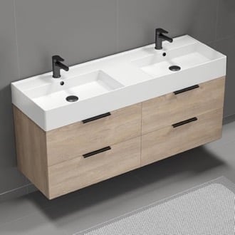 Double Bathroom Vanity, Wall Mounted, 56 Inch, Brown Oak Nameeks DERIN30
