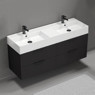 56 Inch Bathroom Vanity, Double Sink, Wall Mounted, Modern, Matte Black Nameeks DERIN42