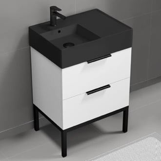 Small Bathroom Vanity With Black Sink, Floor Standing, 24 Inch, Glossy White Nameeks DERIN50