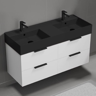 48 Inch Bathroom Vanity With Black Sink, Double Sink, Modern, Wall Mounted, Glossy White Nameeks DERIN94