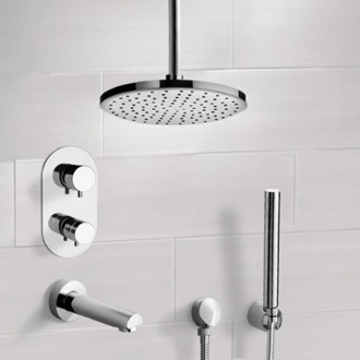 Chrome Thermostatic Tub and Shower System with 8 Inch Rain Ceiling Shower Head and Hand Shower Remer TSH4405