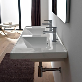 Bathroom Sink Rectangular Double White Ceramic Drop In or Wall Mounted Bathroom Sink Scarabeo 3006