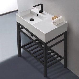 Modern Ceramic Console Sink With Counter Space and Matte Black Base Scarabeo 5115-CON2-BLK
