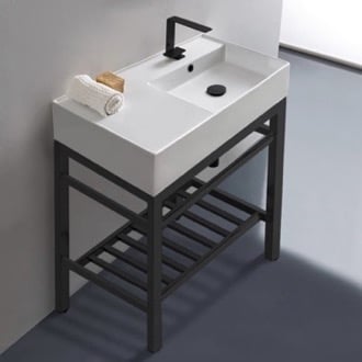Modern Ceramic Console Sink With Counter Space and Matte Black Base Scarabeo 5118-CON2-BLK