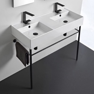 Double Ceramic Console Sink With Matte Black Stand Scarabeo 5142-CON-BLK