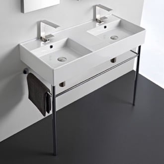 Double Ceramic Console Sink With Polished Chrome Stand Scarabeo 5142-CON