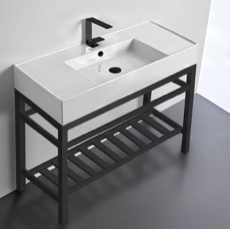Modern Ceramic Console Sink With Counter Space and Matte Black Base Scarabeo 5124-CON2-BLK