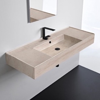 Beige Travertine Ceramic Wall Mounted or Vessel Sink With Counter Space Scarabeo 5125-E