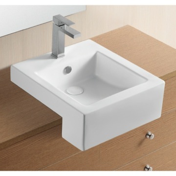 Square White Ceramic Semi-Recessed Bathroom Sink