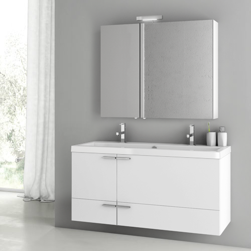 Double Bathroom Vanity, Wall Mounted, 47 Inch, Glossy White ACF ANS216