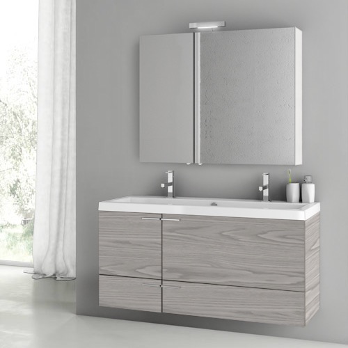 Double Bathroom Vanity, Wall Mount, Wide, 47 Inch, Grey Walnut ACF ANS1411