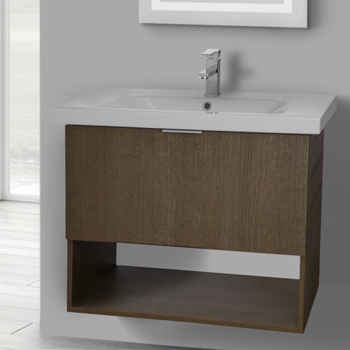 Wall Mounted Bathroom Vanity, Open, 32 Inch, Ecru Tranche Oak ARCOM OP02