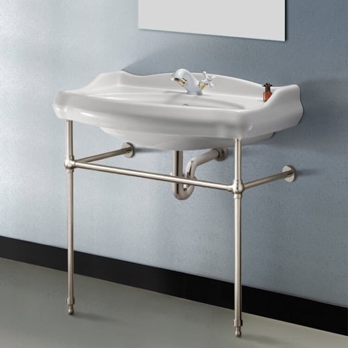 Traditional Ceramic Console Sink With Satin Nickel Stand, 32 Inch CeraStyle 030300-CON-SN