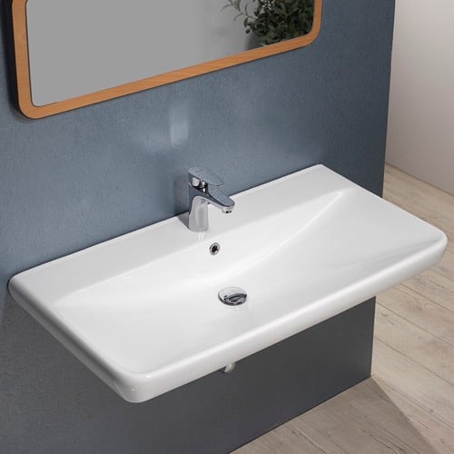 Rectangle White Ceramic Wall Mounted or Drop In Sink CeraStyle 030700-U